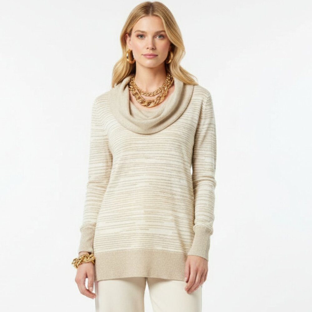 Cache Ivory & Gold Long Sleeve Striped Cowl Neck Knit Tunic Sweater S